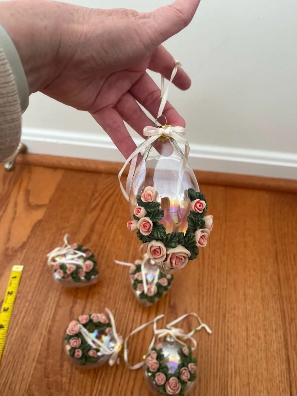 Vintage Victorian Pink Rose Iridescent Christmas Ornaments Set of 6